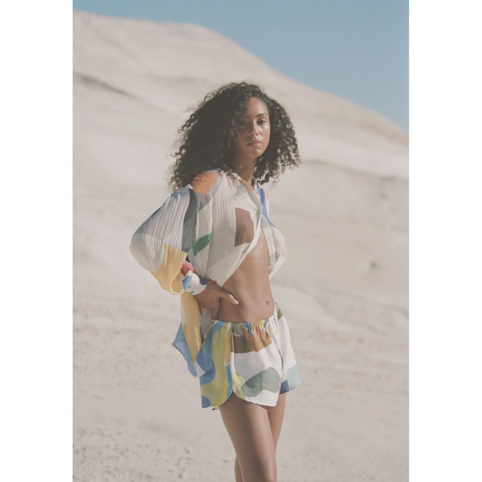 short en lin Bleu Jaune Rose